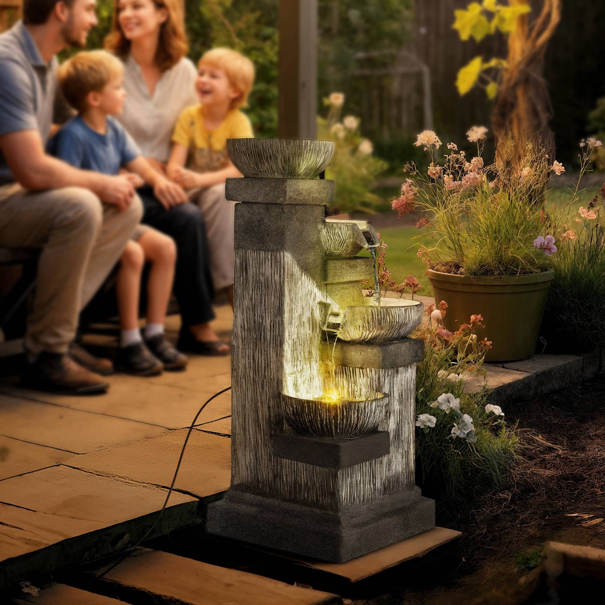 Fontaine de Jardin Cascade Fontaine d'eau 4 niveaux avec lumières LED, résine, 38 x 36 x 85 cm, gris - Image 3