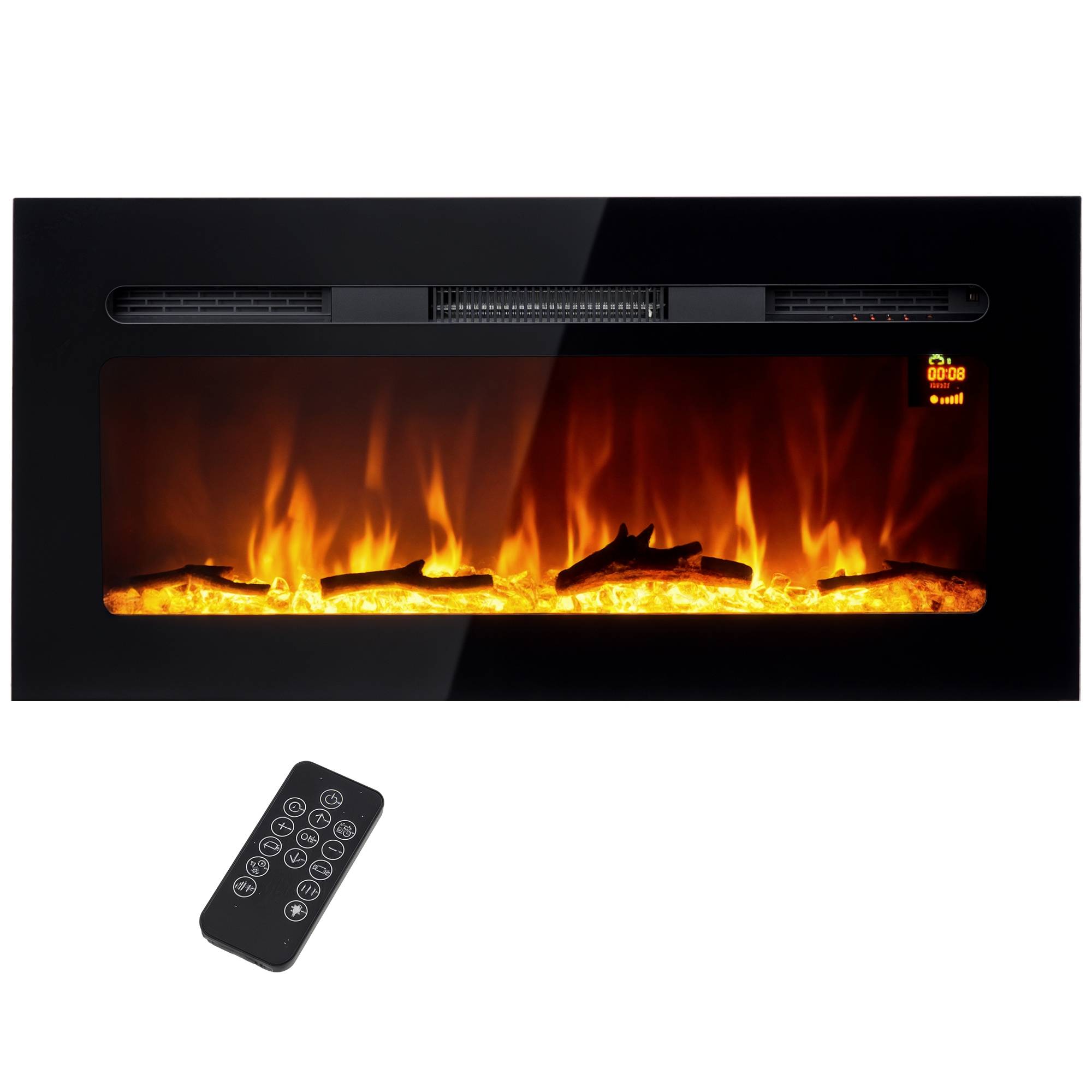Sans Marque - Cheminée électrique avec support mural et télécommande, bûches artificielles et cristaux, puissance 1800W, Noir