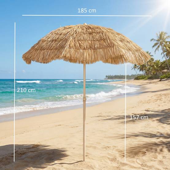 Parasol de plage Ø 1,85 m, grand parasol inclinable, style hawaïen - Polyester Kaki fr292 - Image 5
