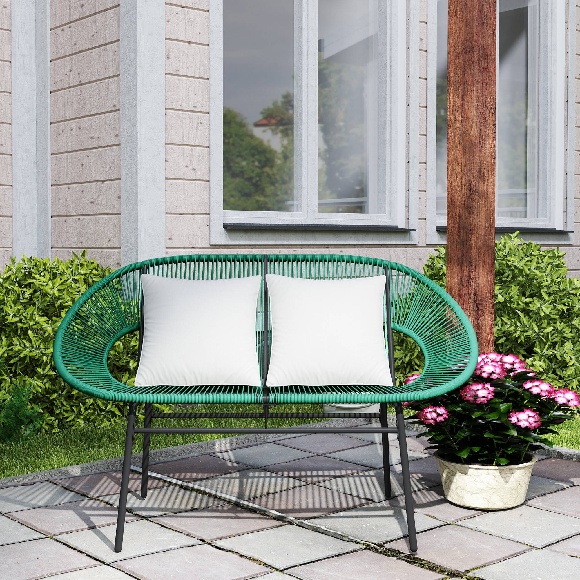 Canapé jardin 2 places rotin PE et acier avec coussins et accoudoirs, 132x72x83cm, vert - Image 10