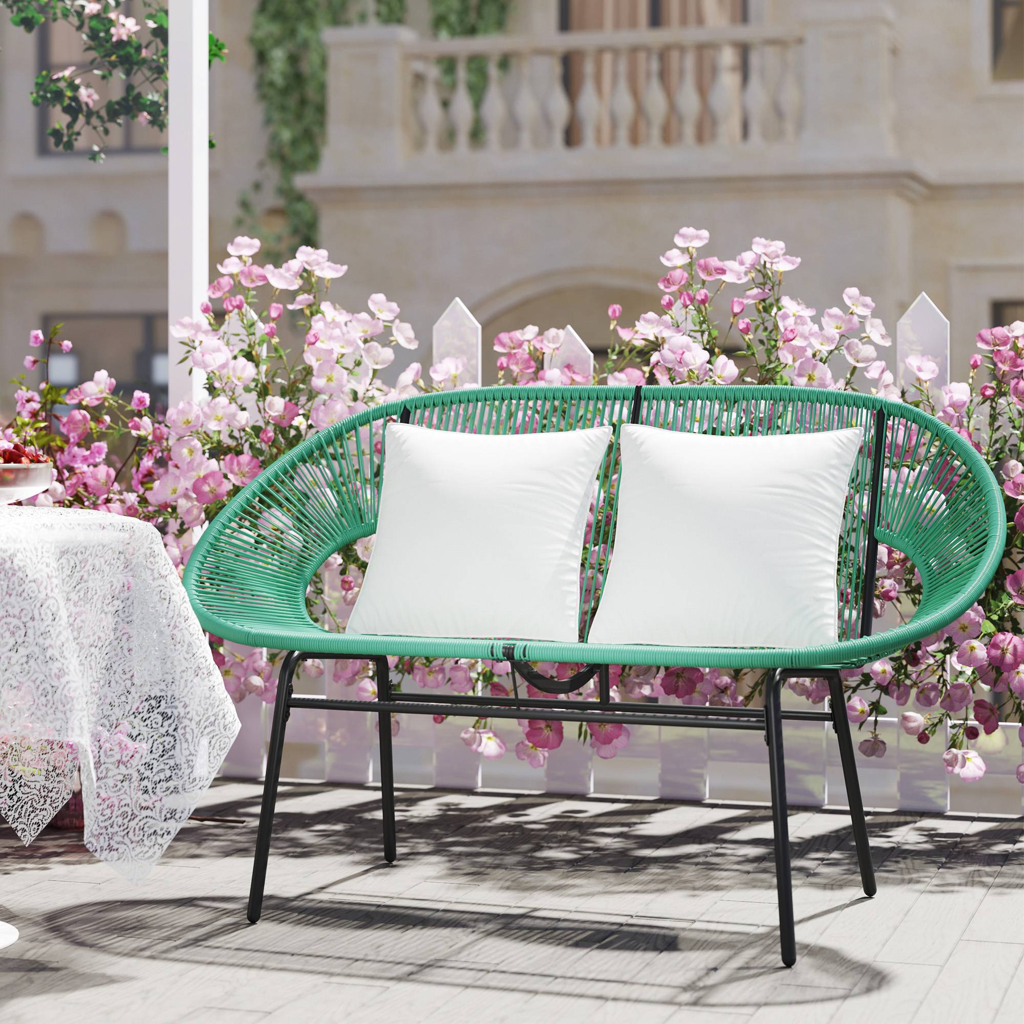Canapé jardin 2 places rotin PE et acier avec coussins et accoudoirs, 132x72x83cm, vert - Image 9