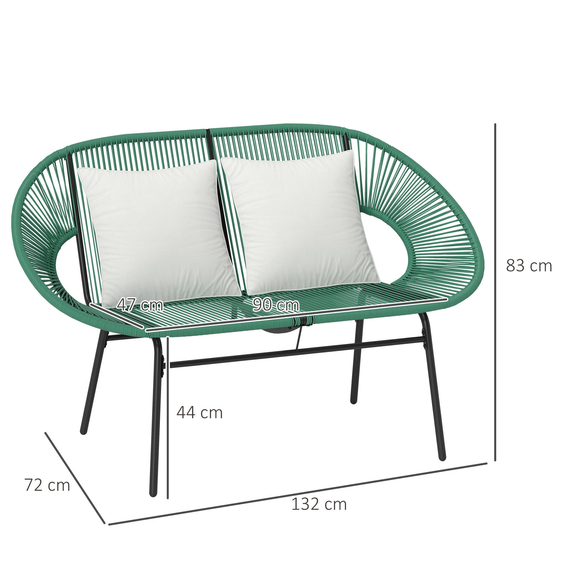 Canapé jardin 2 places rotin PE et acier avec coussins et accoudoirs, 132x72x83cm, vert - Image 5