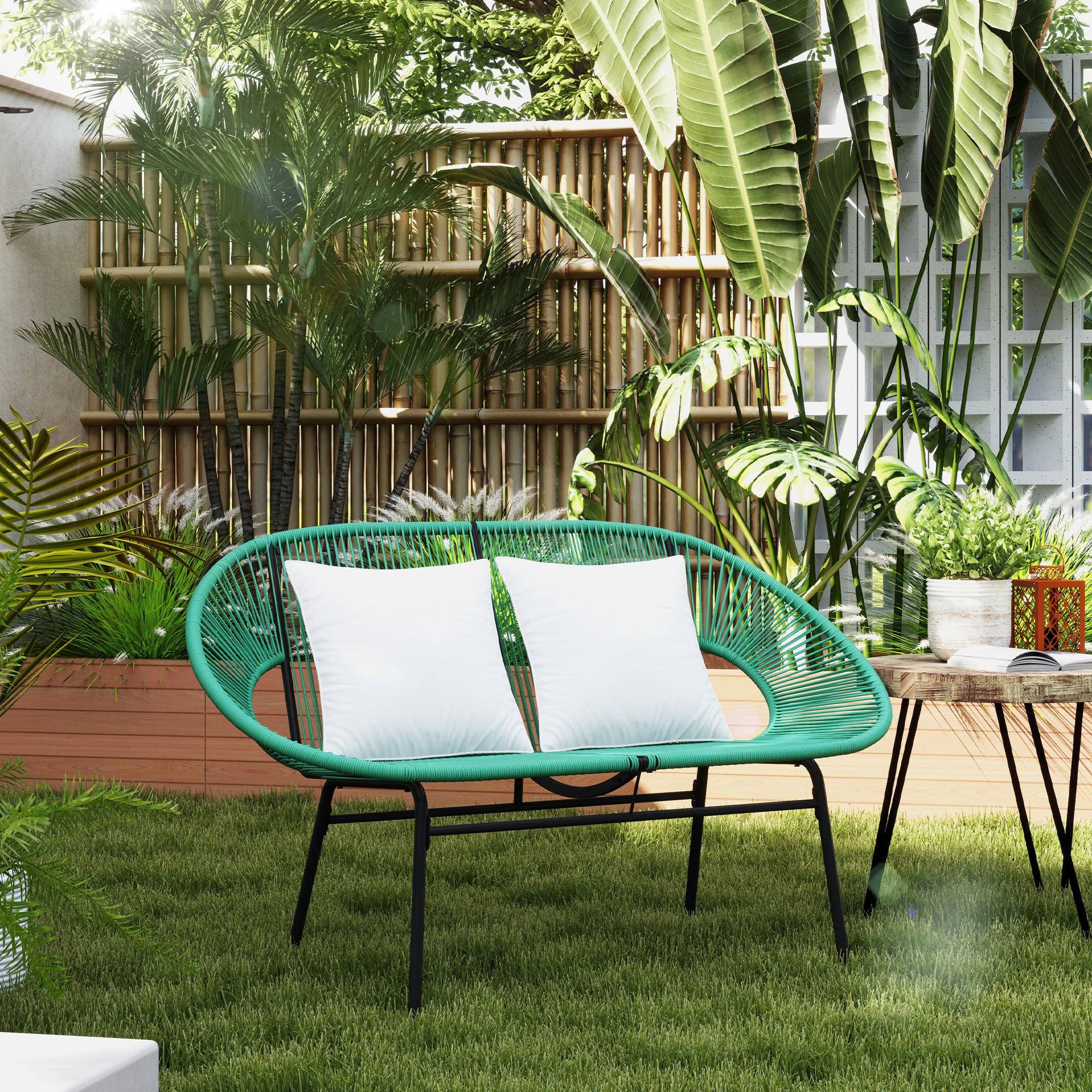 Canapé jardin 2 places rotin PE et acier avec coussins et accoudoirs, 132x72x83cm, vert - Image 3