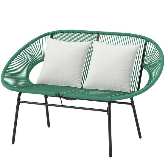 Canapé jardin 2 places rotin PE et acier avec coussins et accoudoirs, 132x72x83cm, vert - Image 2
