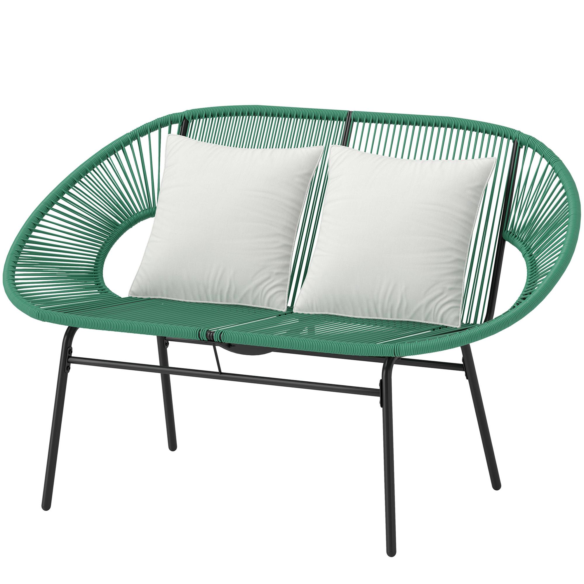 Canapé jardin 2 places rotin PE et acier avec coussins et accoudoirs, 132x72x83cm, vert - Image 2