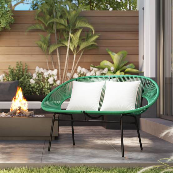 Canapé jardin 2 places rotin PE et acier avec coussins et accoudoirs, 132x72x83cm, vert - Image 4