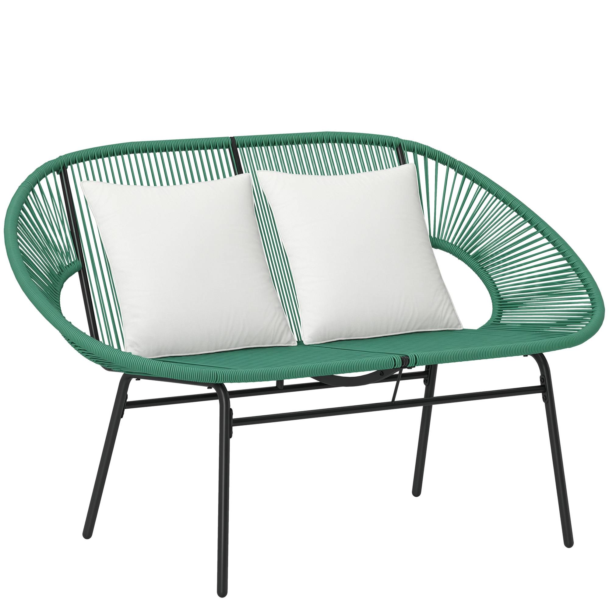 Canapé jardin 2 places rotin PE et acier avec coussins et accoudoirs, 132x72x83cm, vert - Image 1