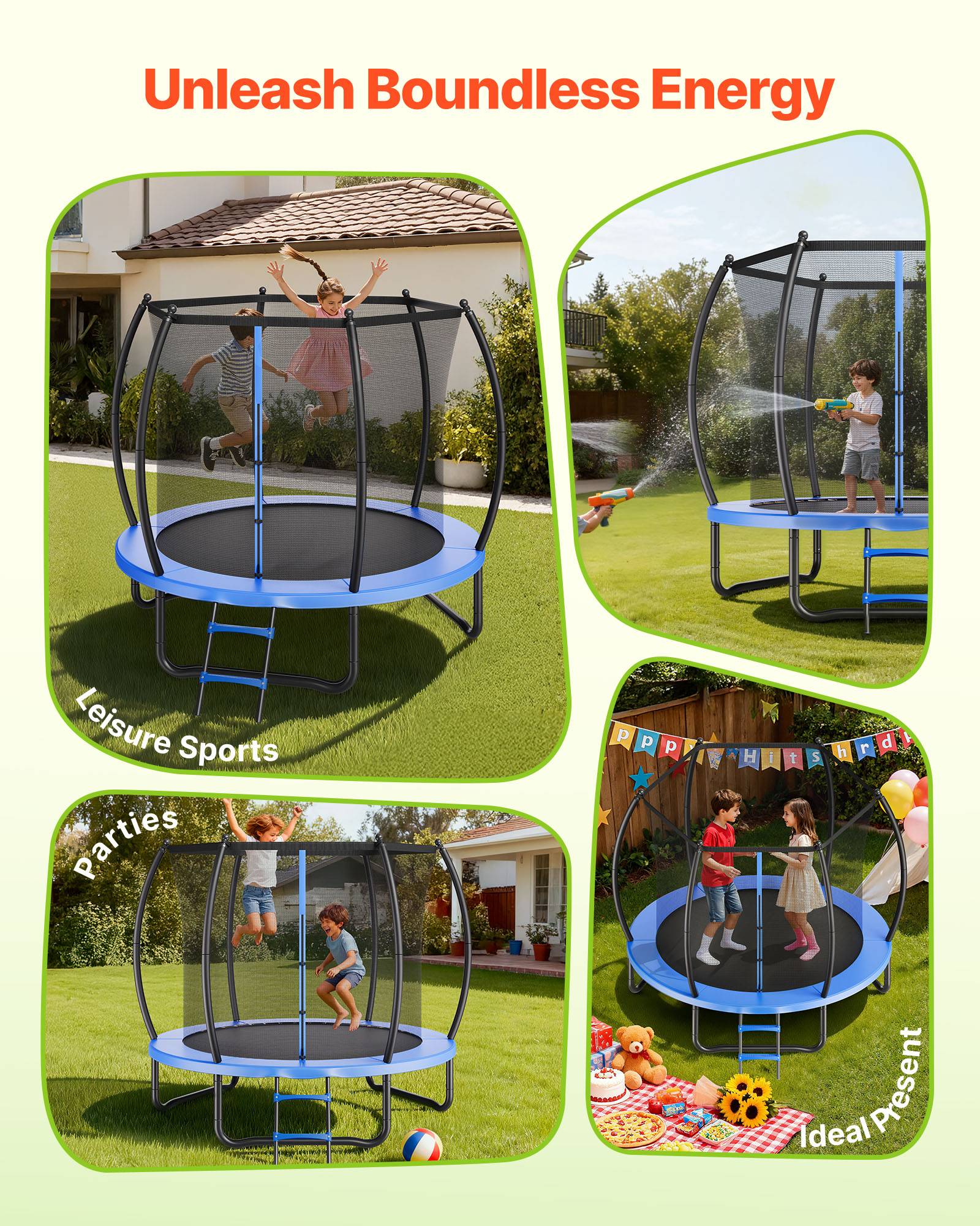 Vevor - VEVOR Trampoline extérieur 244 x 244 cm, filet de sécurité 360°, coussin épais, acier antirouille, capacité 120 kg. - Image 6