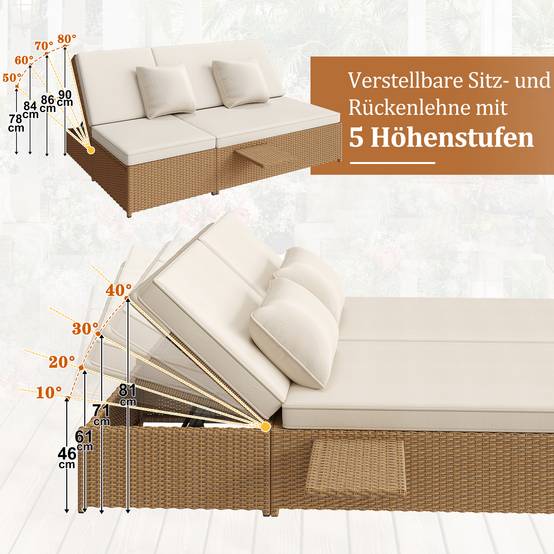 Chaise longue double en rotin blanc pliable résistante aux intempéries avec coussins pour salon balcon et jardin - Image 8