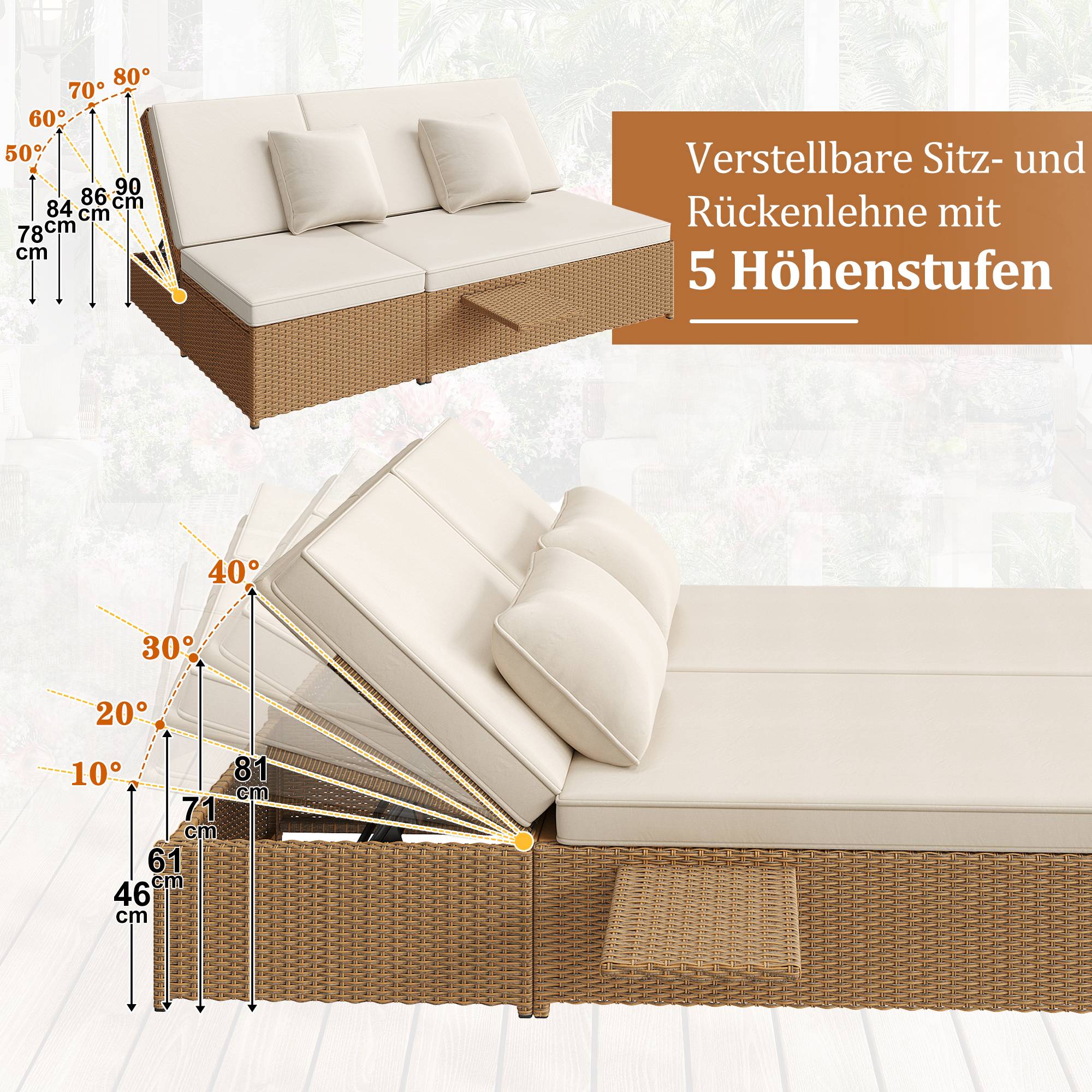 Chaise longue double en rotin blanc pliable résistante aux intempéries avec coussins pour salon balcon et jardin - Image 8