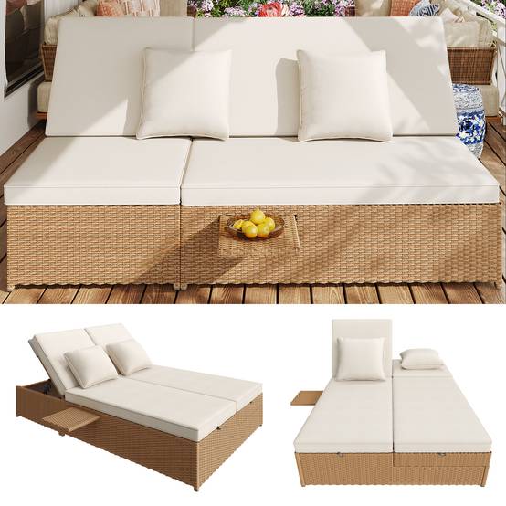 Chaise longue double en rotin blanc pliable résistante aux intempéries avec coussins pour salon balcon et jardin - Image 6