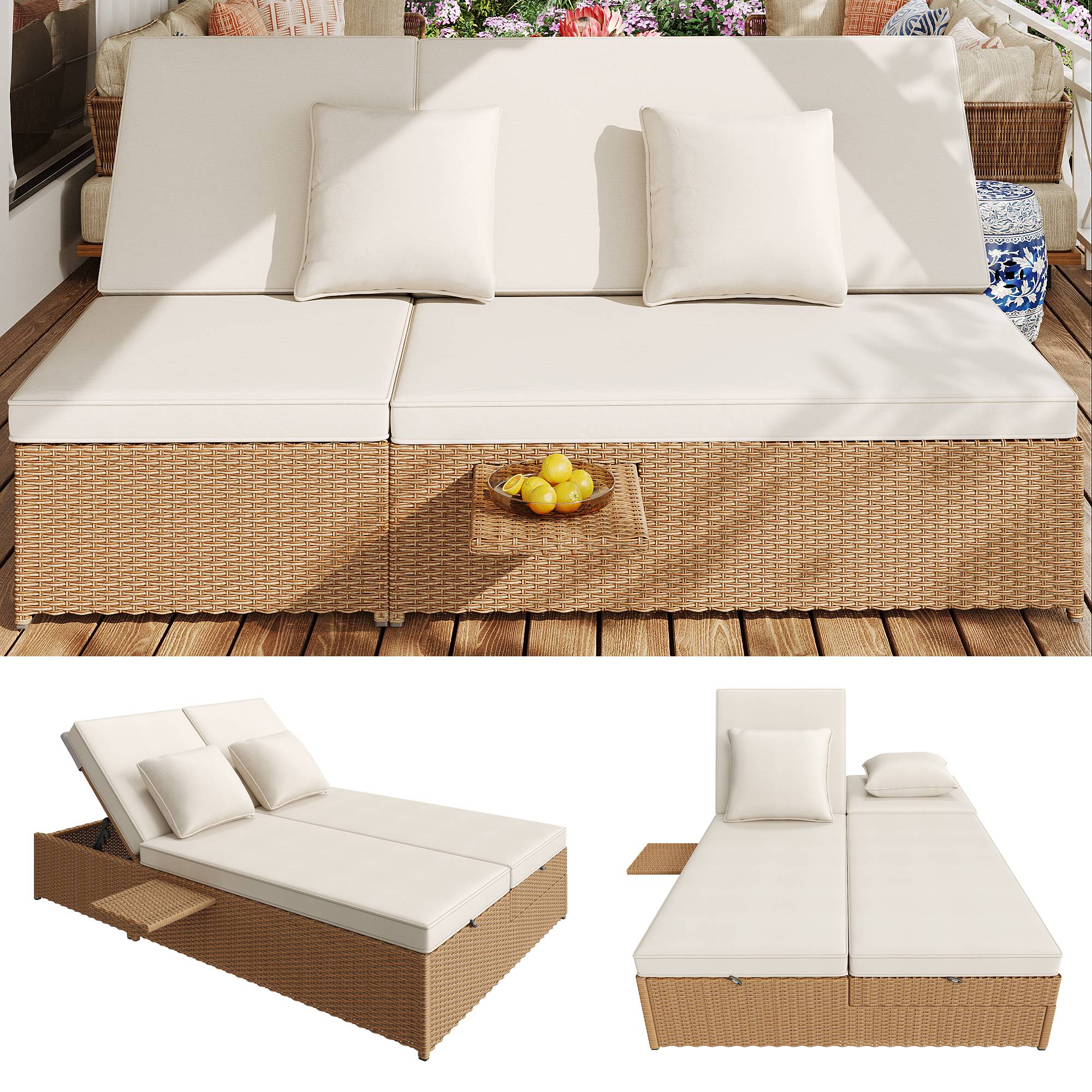 Chaise longue double en rotin blanc pliable résistante aux intempéries avec coussins pour salon balcon et jardin - Image 6
