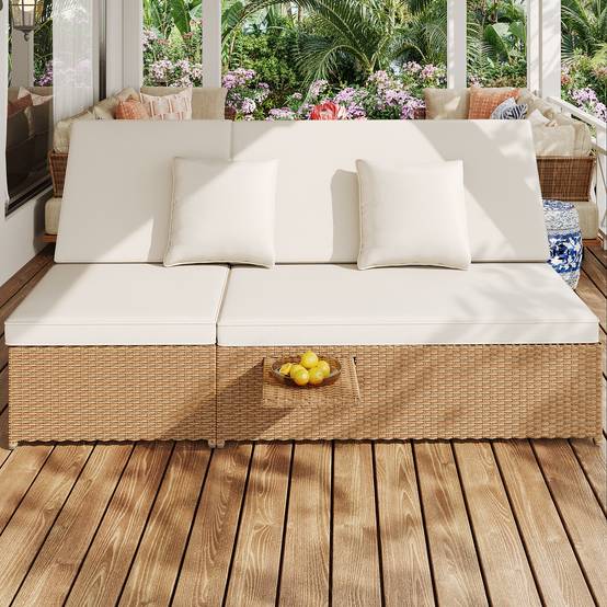 Chaise longue double en rotin blanc pliable résistante aux intempéries avec coussins pour salon balcon et jardin - Image 3