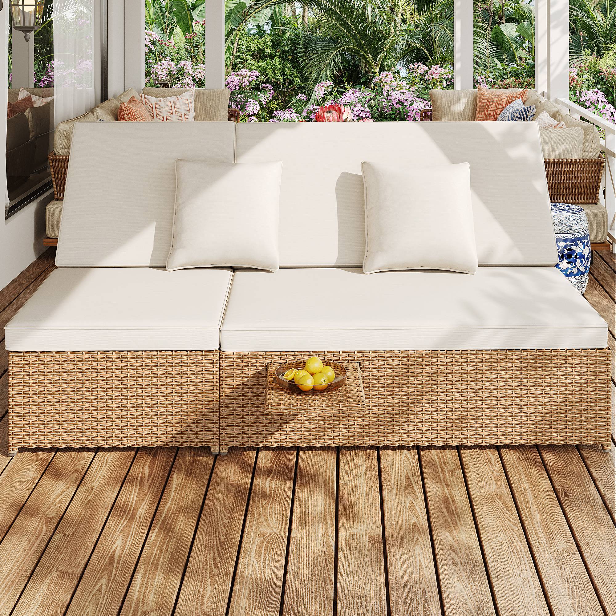 Chaise longue double en rotin blanc pliable résistante aux intempéries avec coussins pour salon balcon et jardin - Image 3