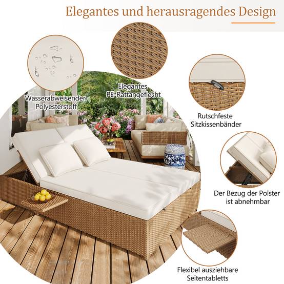 Chaise longue double en rotin blanc pliable résistante aux intempéries avec coussins pour salon balcon et jardin - Image 9