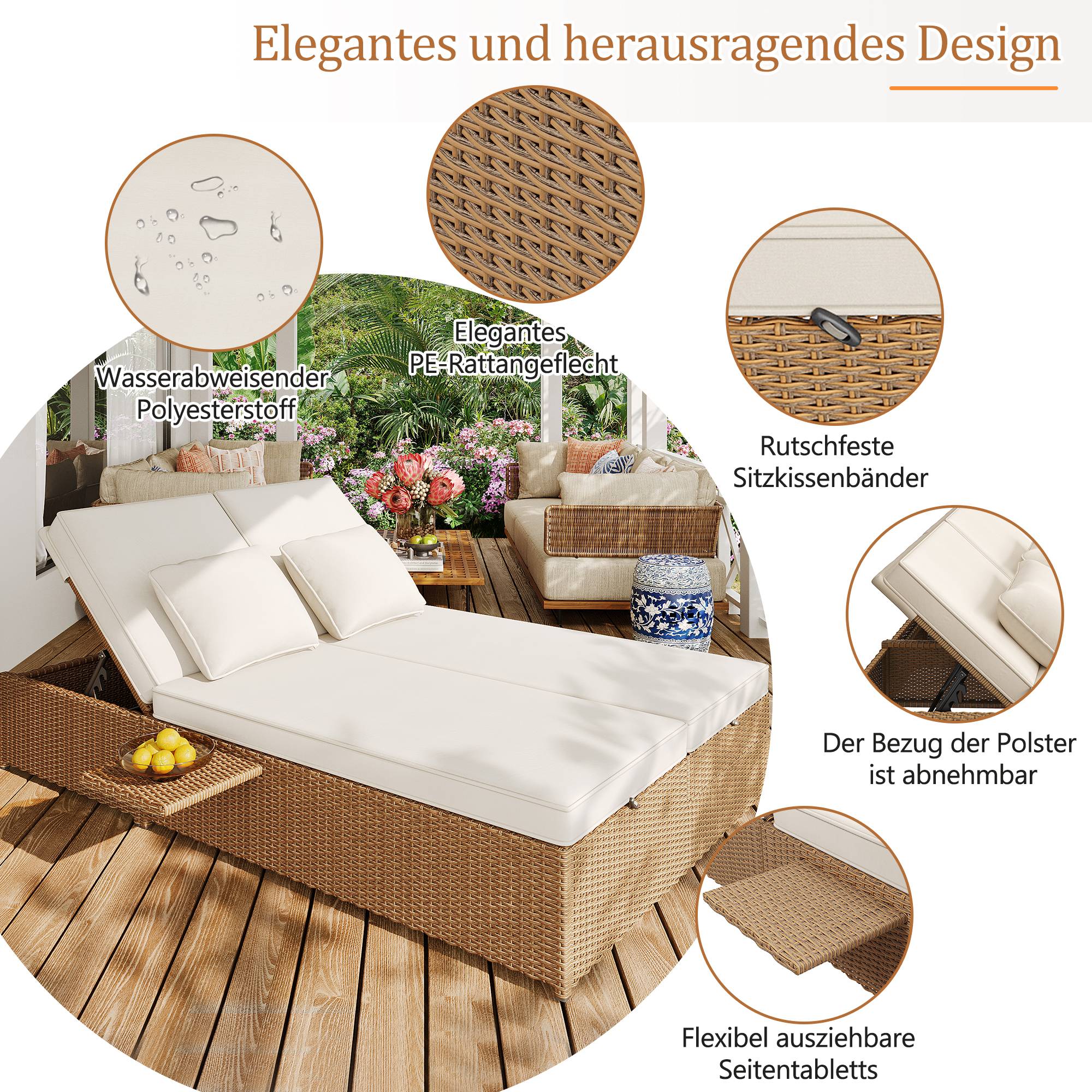 Chaise longue double en rotin blanc pliable résistante aux intempéries avec coussins pour salon balcon et jardin - Image 9