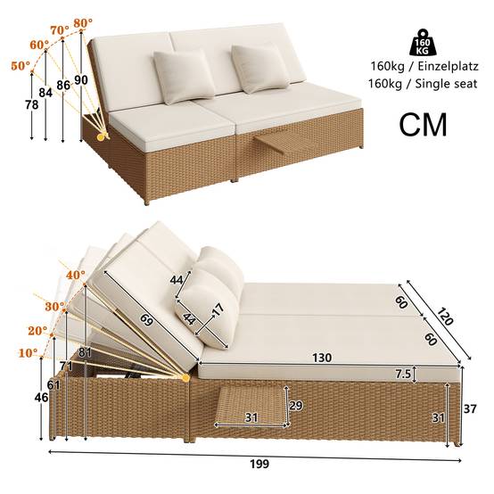 Chaise longue double en rotin blanc pliable résistante aux intempéries avec coussins pour salon balcon et jardin - Image 7