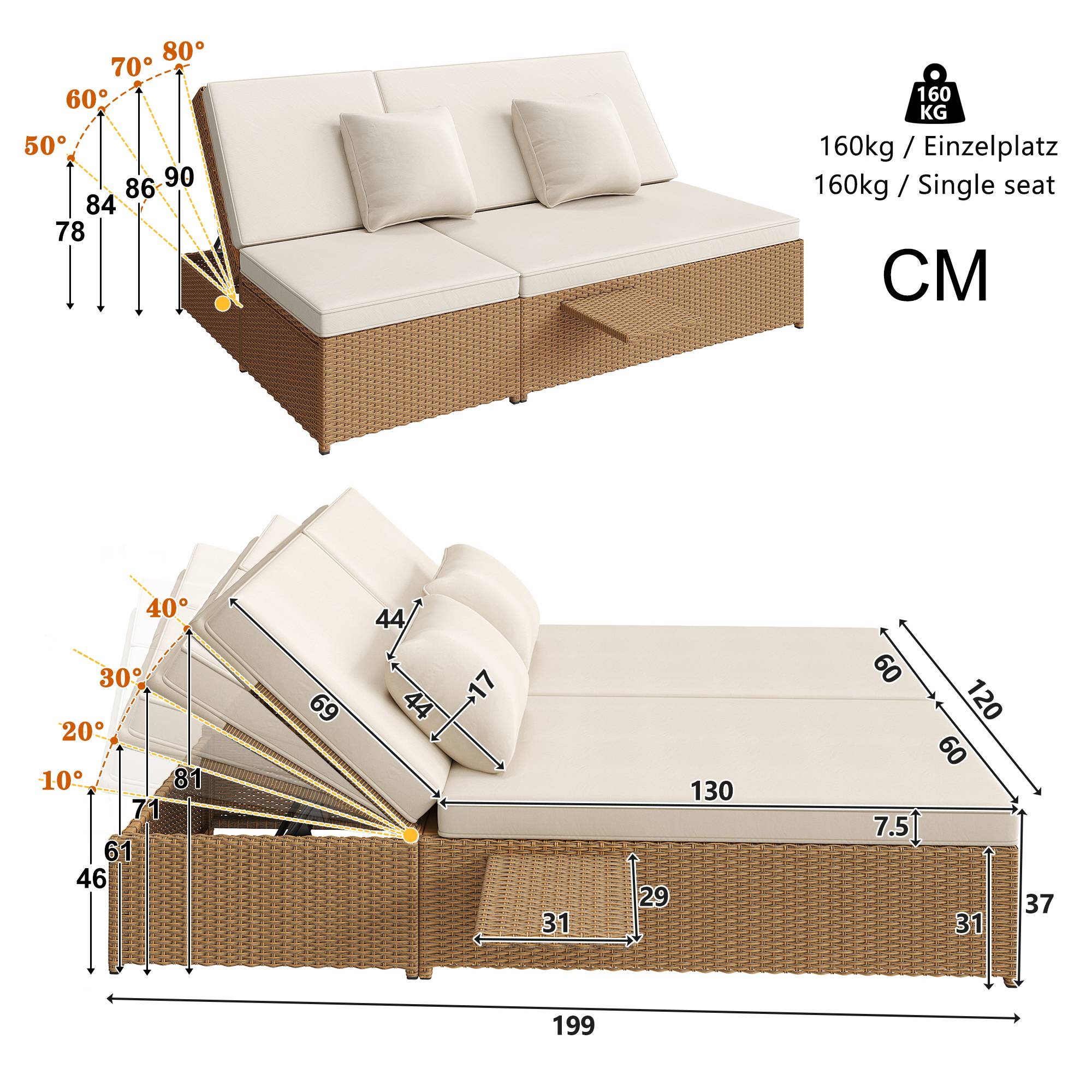 Chaise longue double en rotin blanc pliable résistante aux intempéries avec coussins pour salon balcon et jardin - Image 7