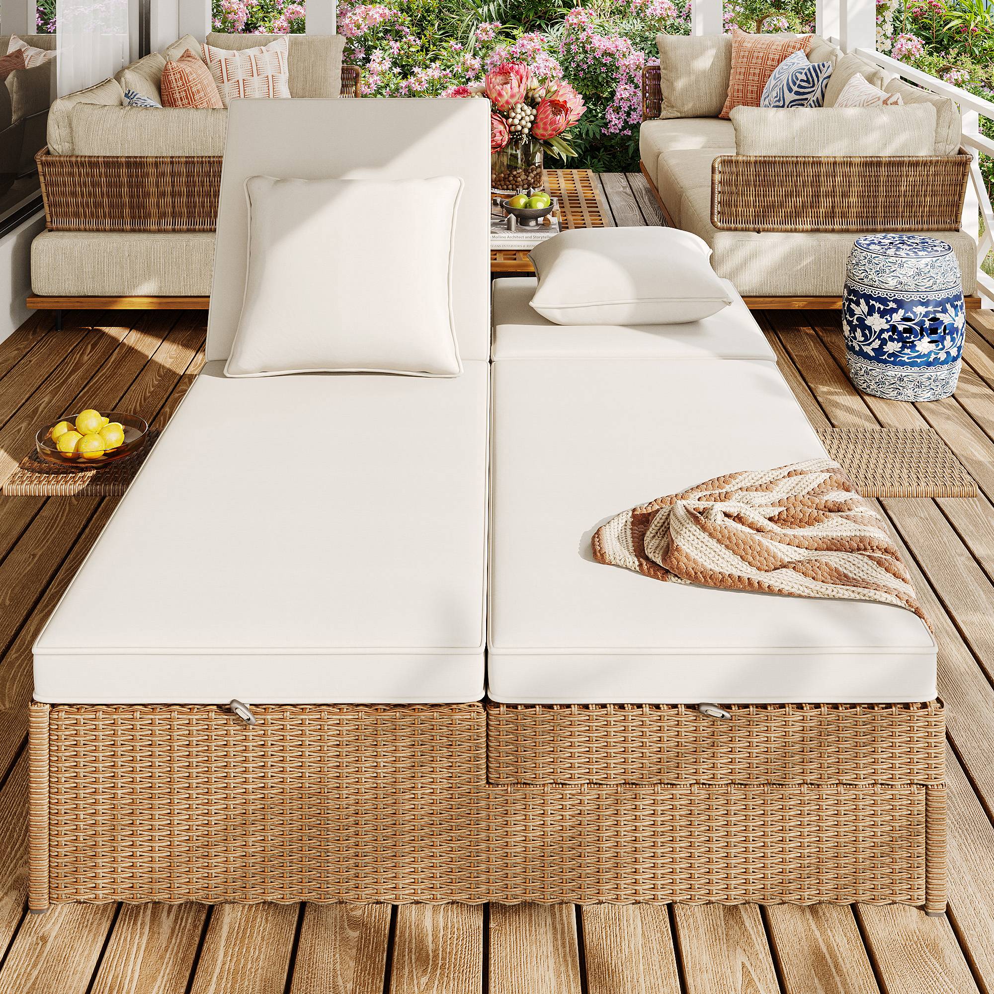 Chaise longue double en rotin blanc pliable résistante aux intempéries avec coussins pour salon balcon et jardin - Image 4