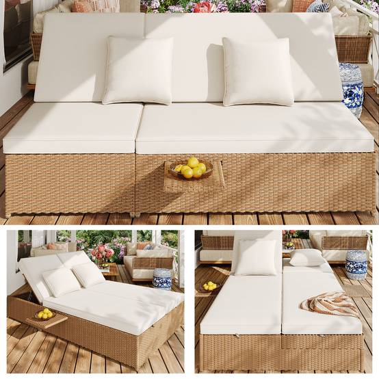 Chaise longue double en rotin blanc pliable résistante aux intempéries avec coussins pour salon balcon et jardin - Image 5