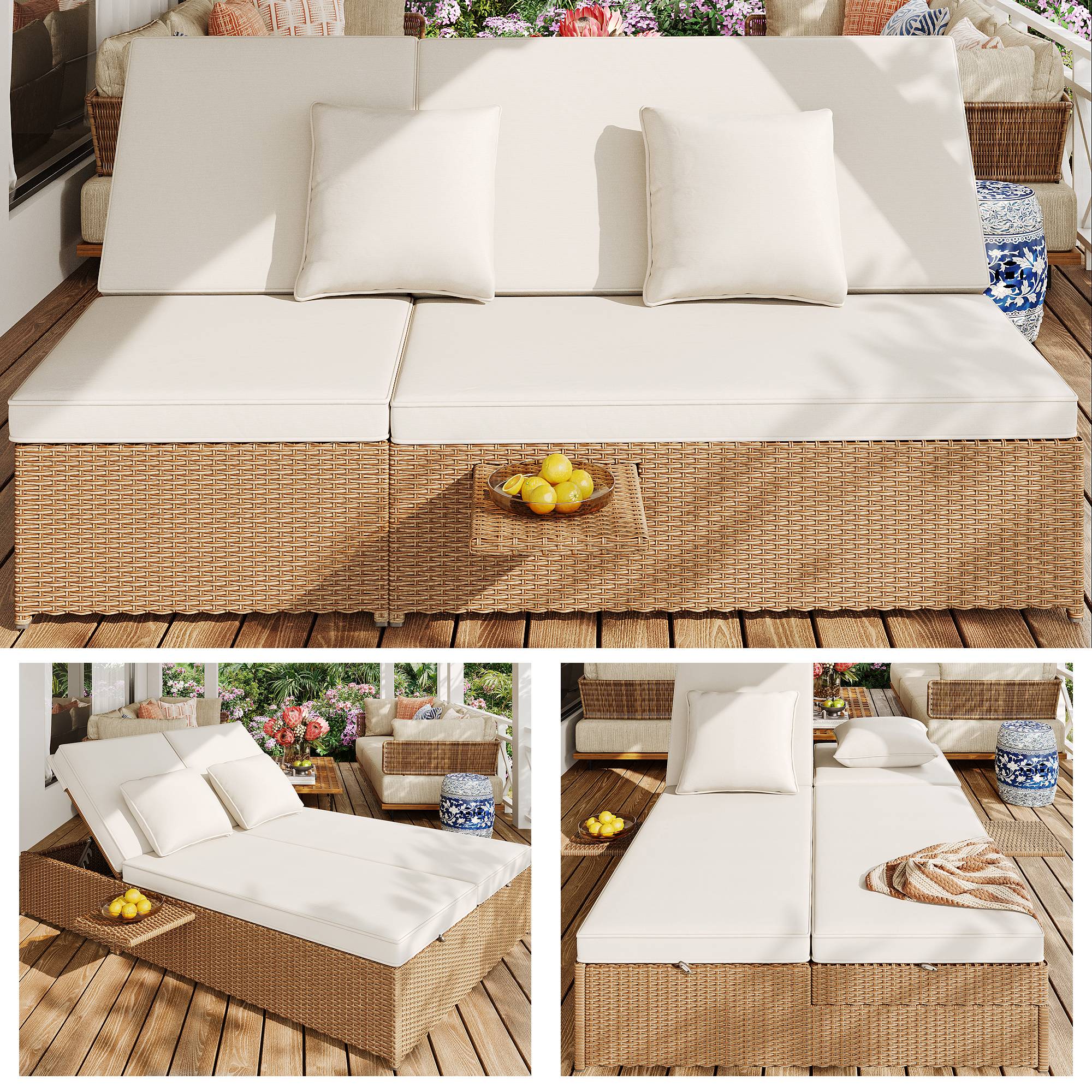 Chaise longue double en rotin blanc pliable résistante aux intempéries avec coussins pour salon balcon et jardin - Image 5