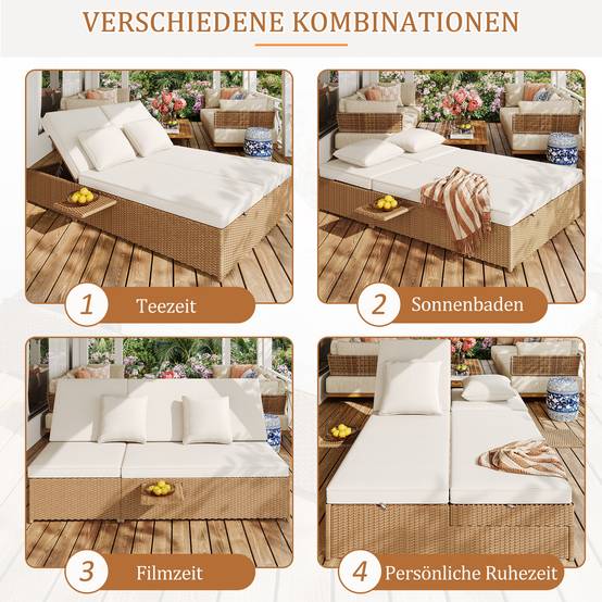 Chaise longue double en rotin blanc pliable résistante aux intempéries avec coussins pour salon balcon et jardin - Image 10