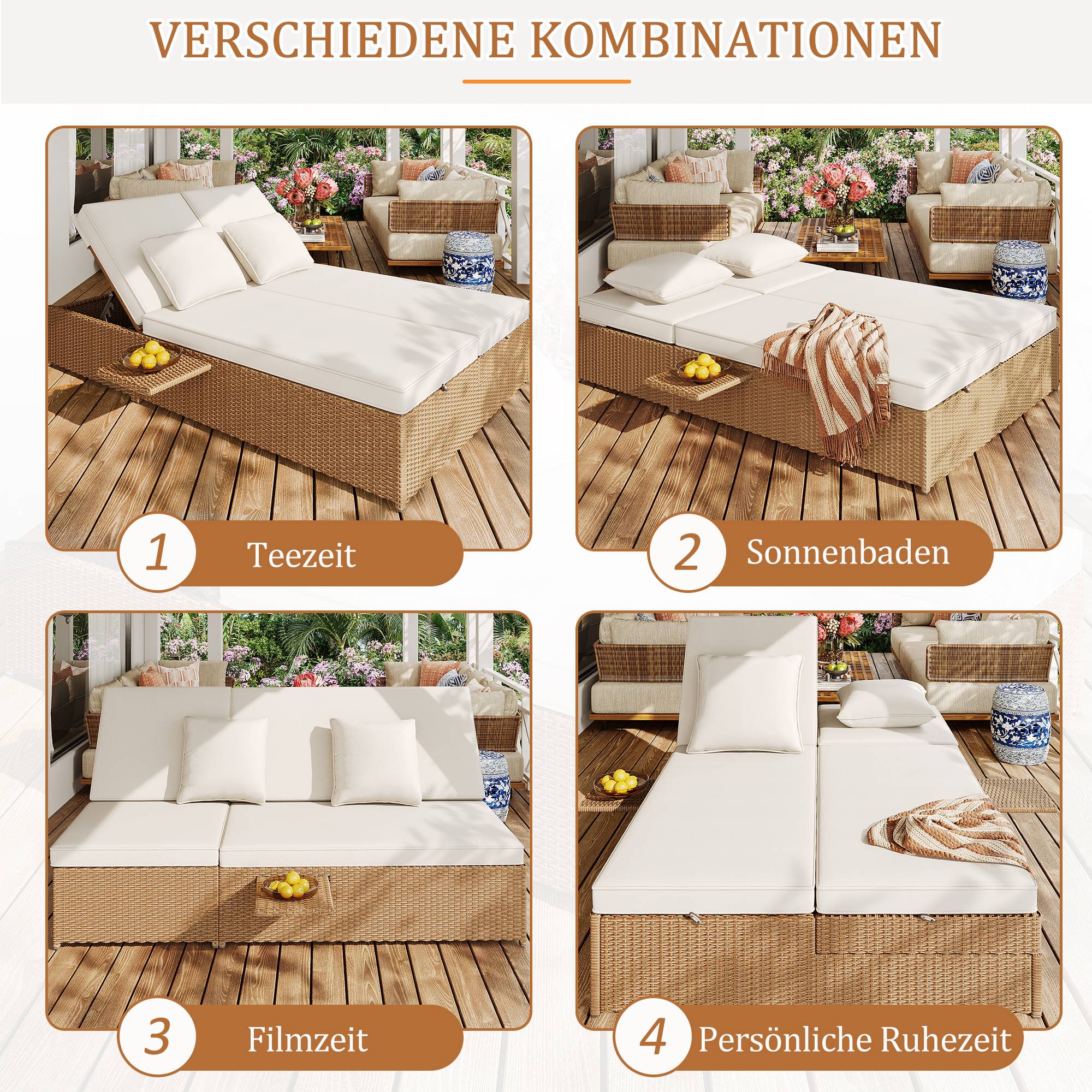 Chaise longue double en rotin blanc pliable résistante aux intempéries avec coussins pour salon balcon et jardin - Image 10