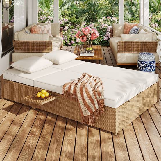 Chaise longue double en rotin blanc pliable résistante aux intempéries avec coussins pour salon balcon et jardin - Image 2