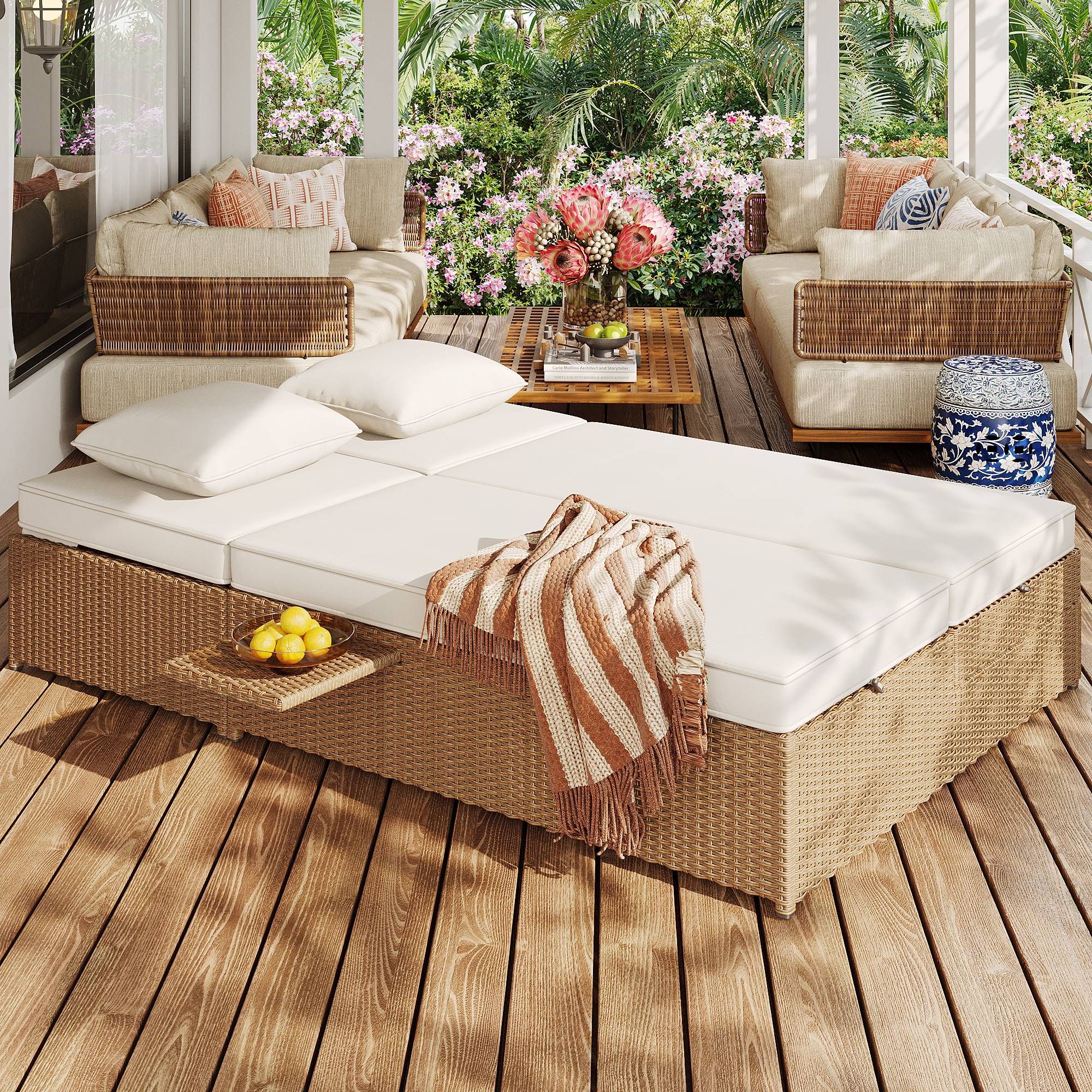 Chaise longue double en rotin blanc pliable résistante aux intempéries avec coussins pour salon balcon et jardin - Image 2