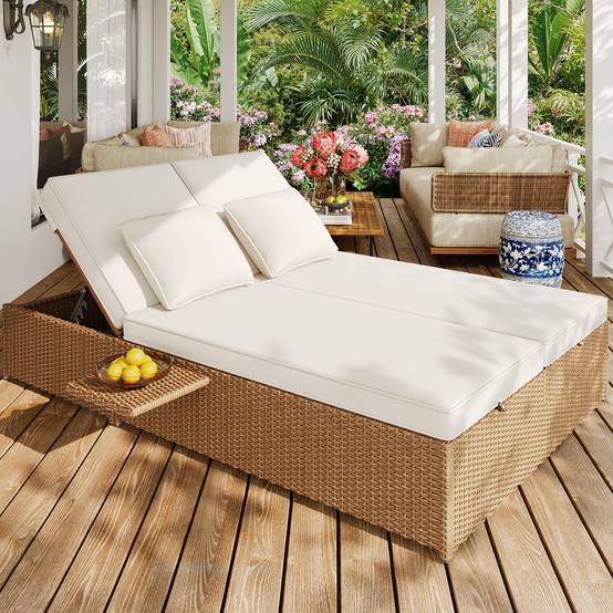 Chaise longue double en rotin blanc pliable résistante aux intempéries avec coussins pour salon balcon et jardin - Image 1