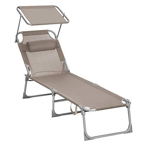 Helloshop26 - Chaise longue bain de soleil transat de relaxation avec appui-tête dossier et parasol inclinables léger pliable 53 x 193 x 29 5 cm charge 150 kg jard