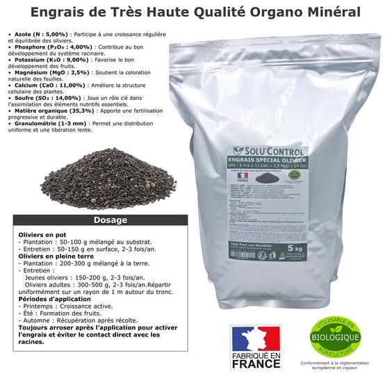Tout pour les nuisibles - SOLU’CONTROL - ENGRAIS Spécial OLIVIER 5 kg - Formulation haute qualité Organo-Minerale - NPK 5-4-9 - Utilisable en Agriculture Biologique - Image 2