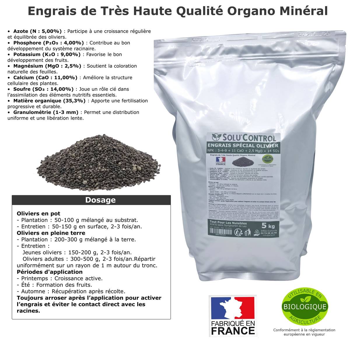 Tout pour les nuisibles - SOLU’CONTROL - ENGRAIS Spécial OLIVIER 5 kg - Formulation haute qualité Organo-Minerale - NPK 5-4-9 - Utilisable en Agriculture Biologique - Image 2