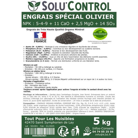 Tout pour les nuisibles - SOLU’CONTROL - ENGRAIS Spécial OLIVIER 5 kg - Formulation haute qualité Organo-Minerale - NPK 5-4-9 - Utilisable en Agriculture Biologique - Image 3