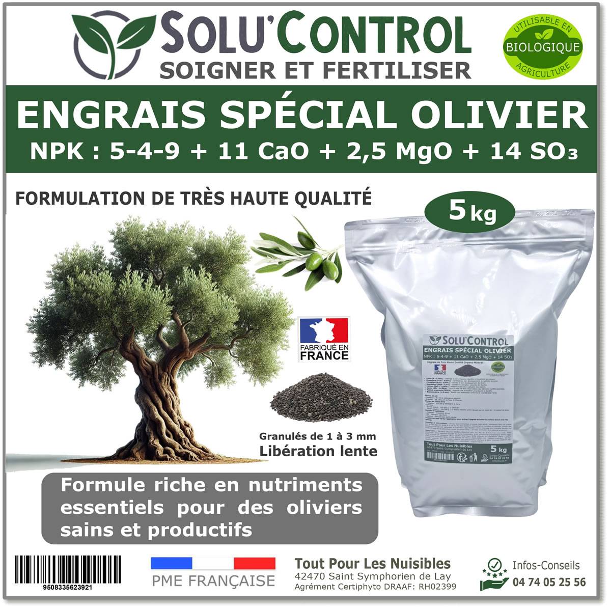 Tout pour les nuisibles - SOLU’CONTROL - ENGRAIS Spécial OLIVIER 5 kg - Formulation haute qualité Organo-Minerale - NPK 5-4-9 - Utilisable en Agriculture Biologique - Image 1