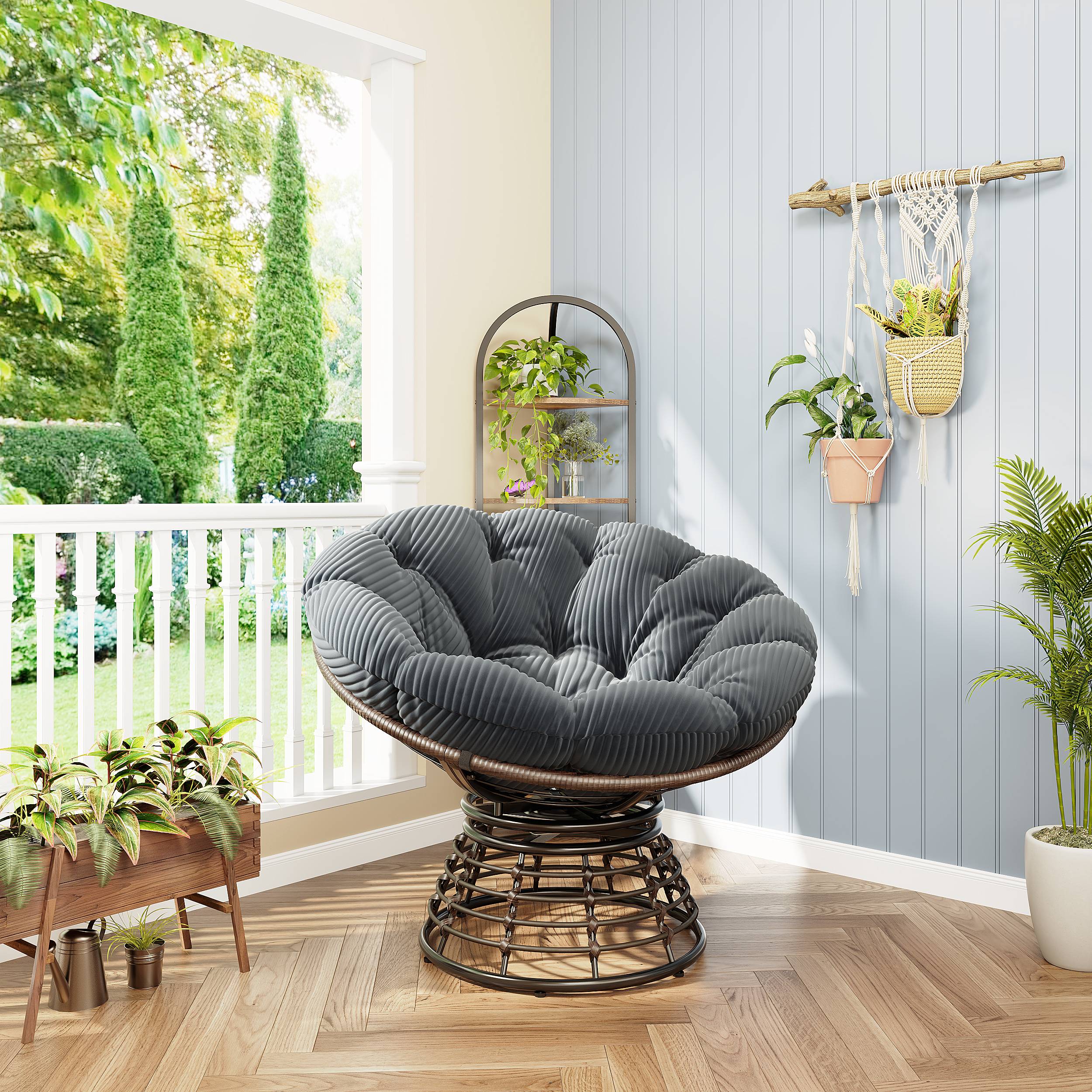 Chaise Papasan en osier pivotante 360° cadre marron coussin gris velours côtelé confortable pour tous espaces de vie - Image 3