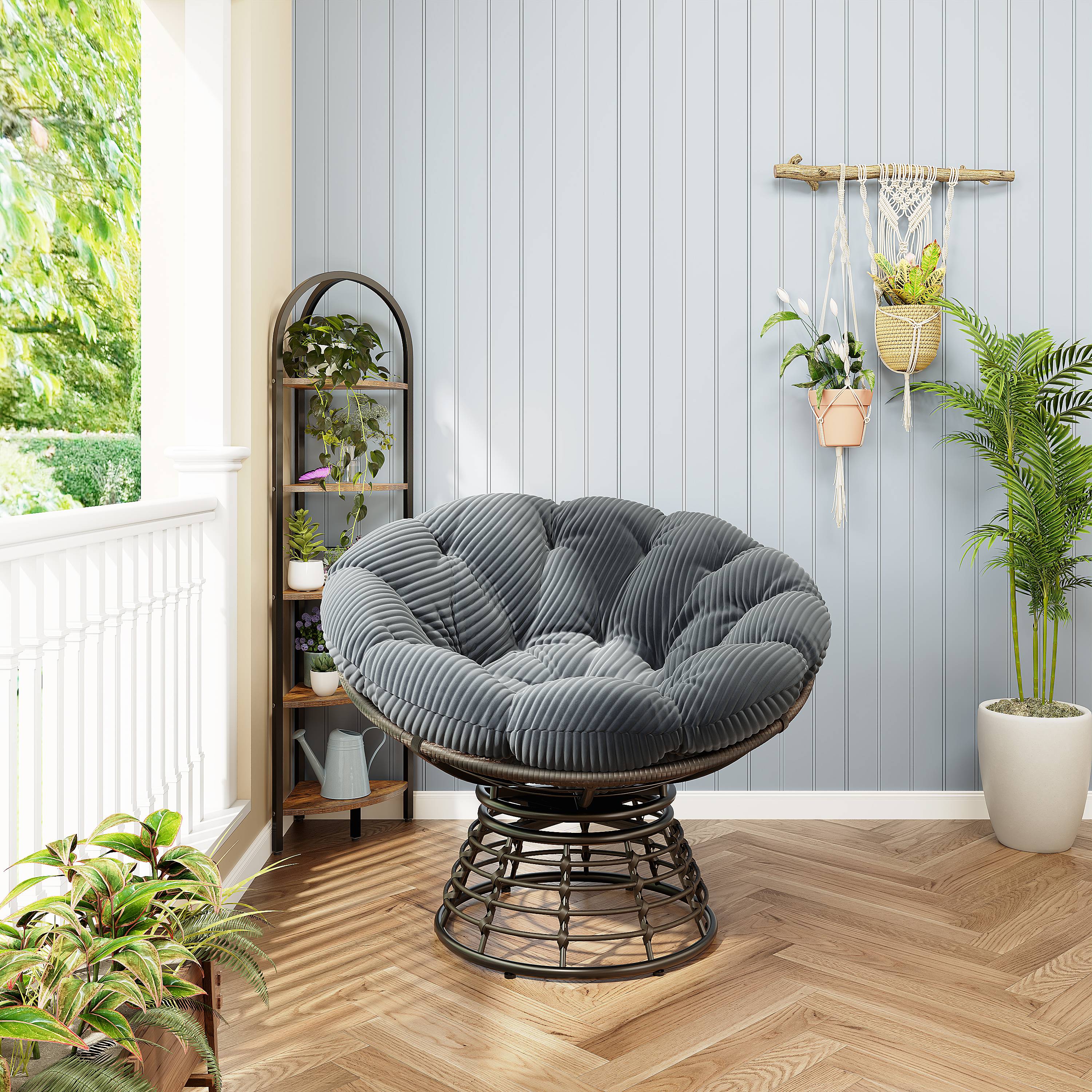 Chaise Papasan en osier pivotante 360° cadre marron coussin gris velours côtelé confortable pour tous espaces de vie - Image 2