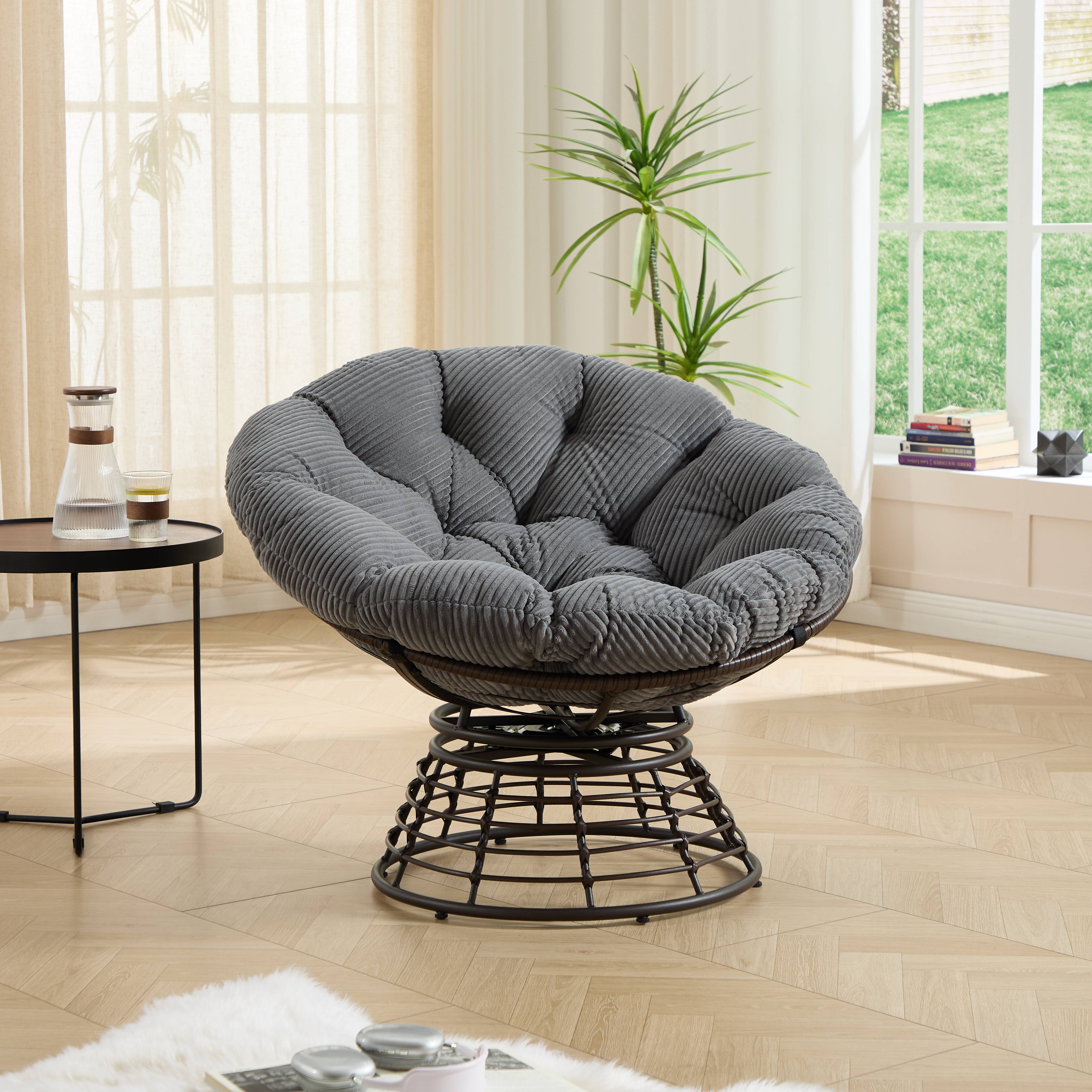 Chaise Papasan en osier pivotante 360° cadre marron coussin gris velours côtelé confortable pour tous espaces de vie - Image 1