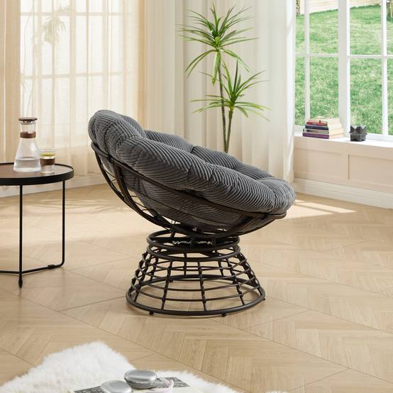 Chaise Papasan en osier pivotante 360° cadre marron coussin gris velours côtelé confortable pour tous espaces de vie - Image 9