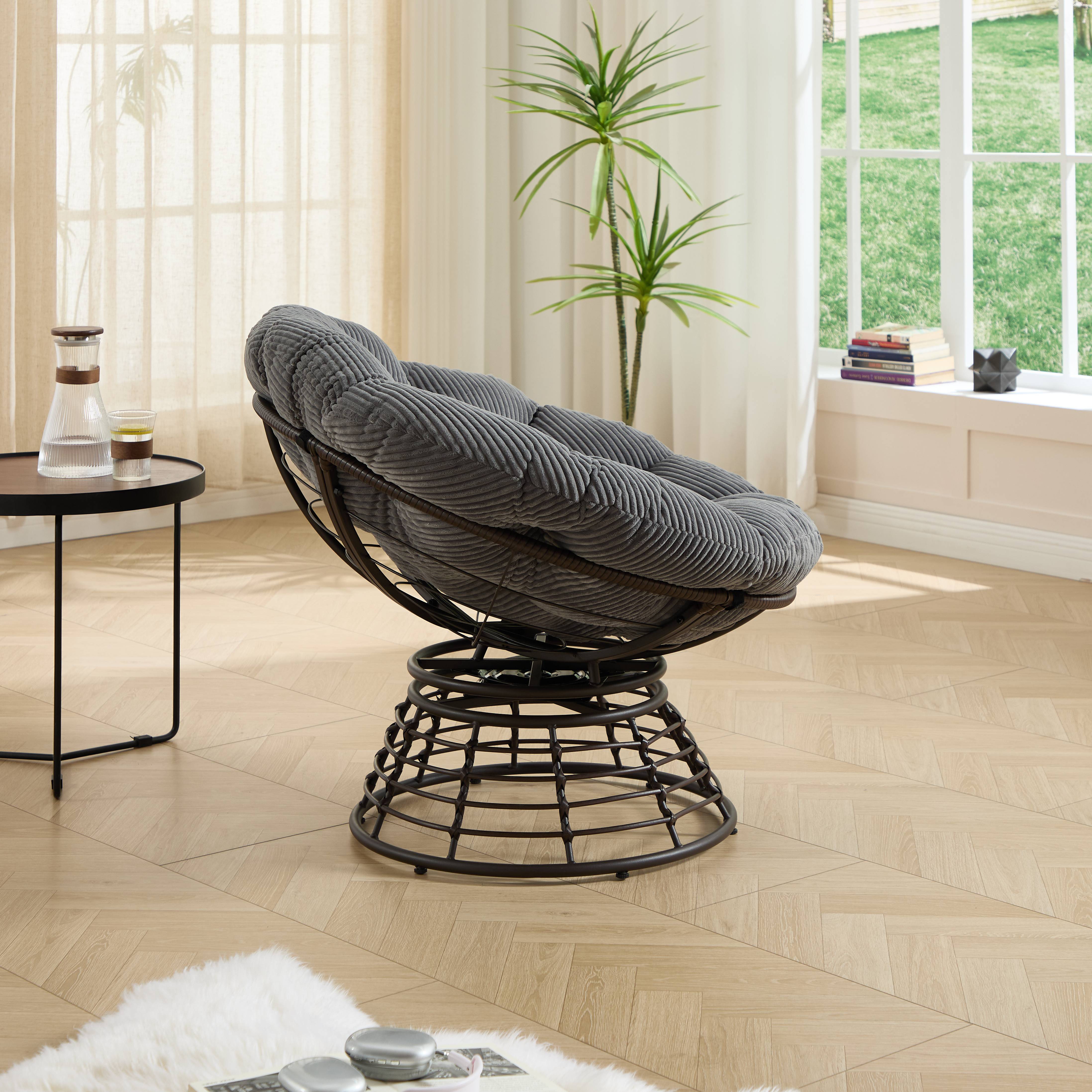 Chaise Papasan en osier pivotante 360° cadre marron coussin gris velours côtelé confortable pour tous espaces de vie - Image 9