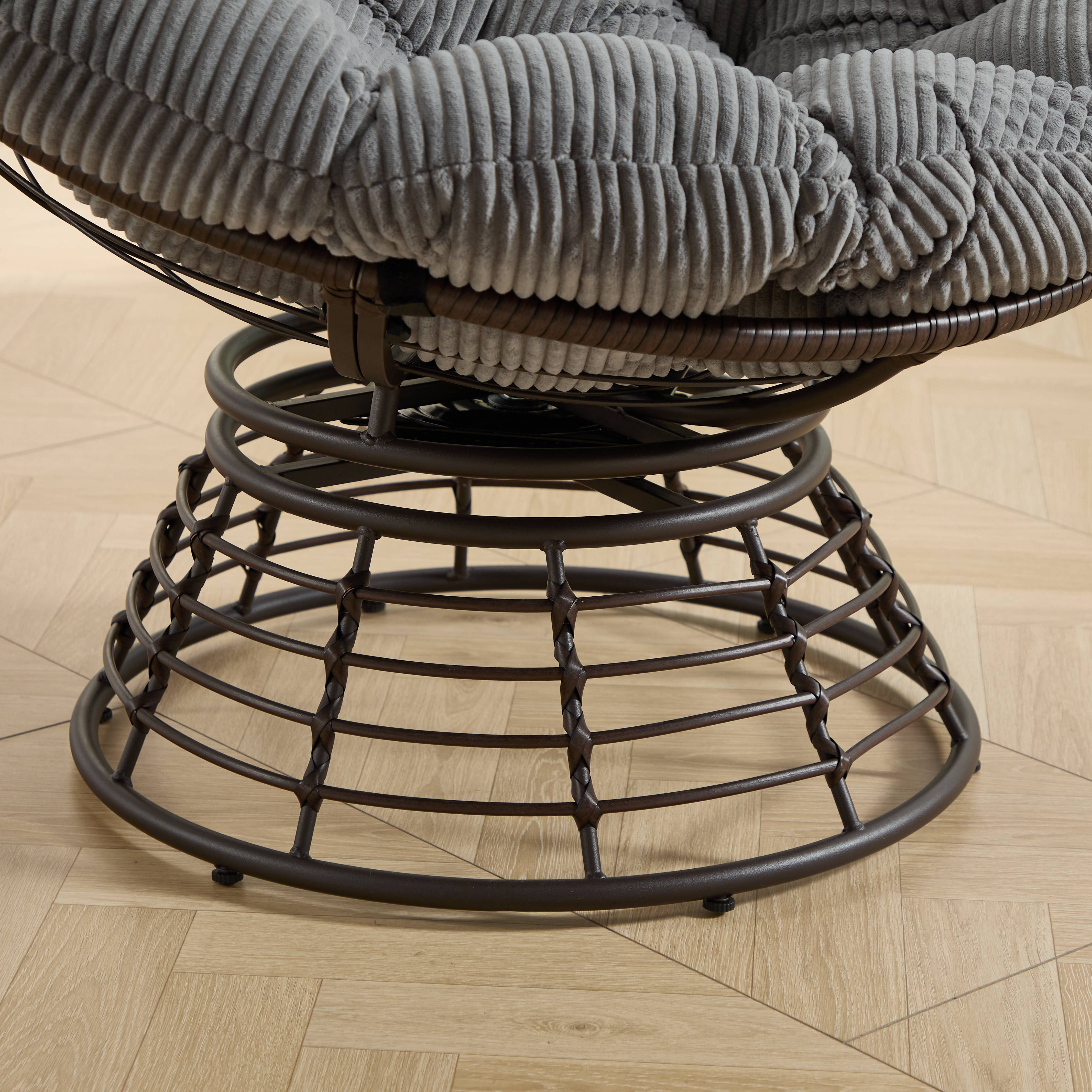Chaise Papasan en osier pivotante 360° cadre marron coussin gris velours côtelé confortable pour tous espaces de vie - Image 10
