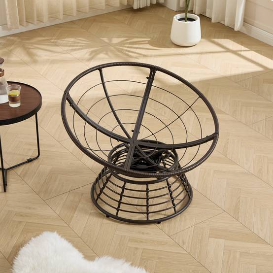 Chaise Papasan en osier pivotante 360° cadre marron coussin gris velours côtelé confortable pour tous espaces de vie - Image 4