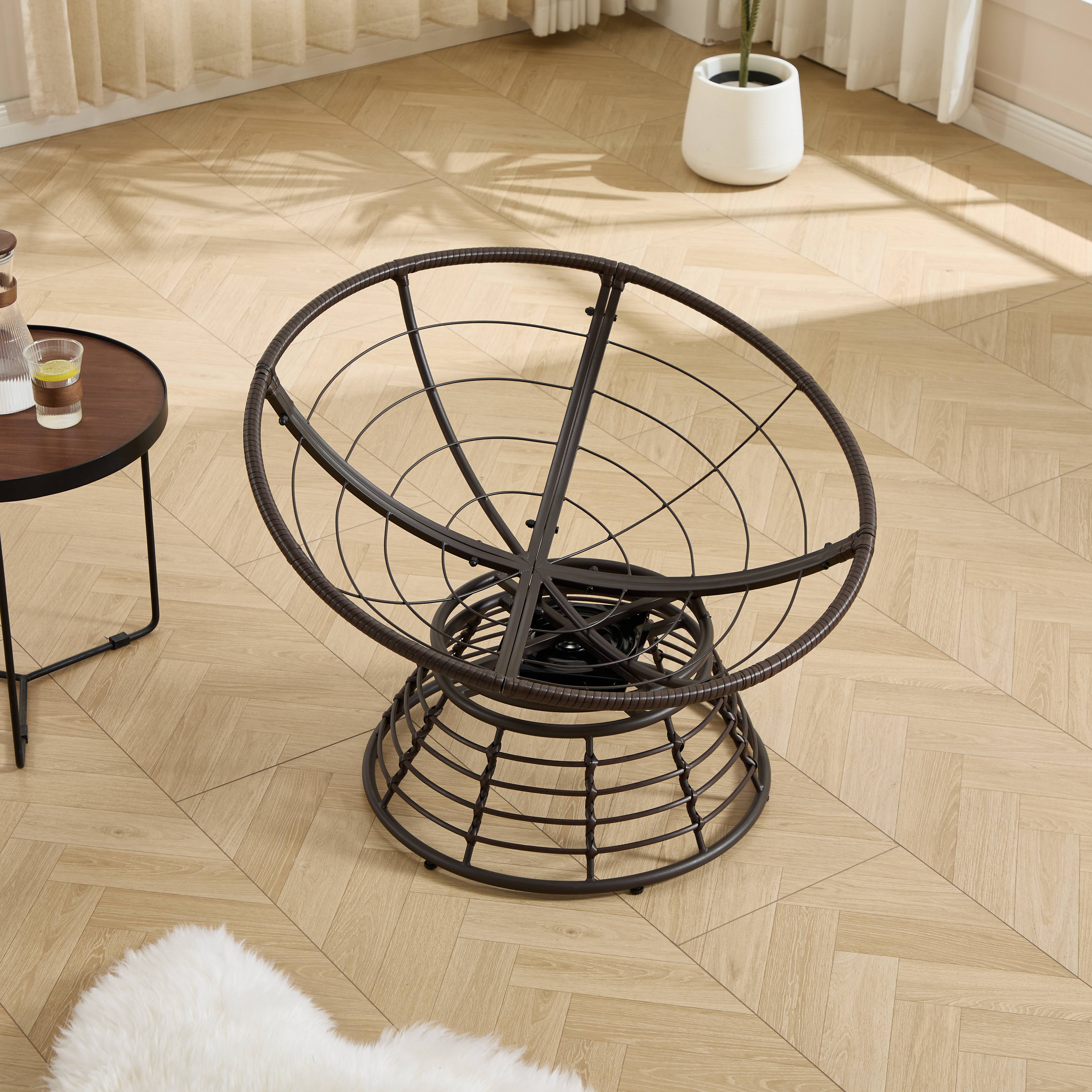 Chaise Papasan en osier pivotante 360° cadre marron coussin gris velours côtelé confortable pour tous espaces de vie - Image 4