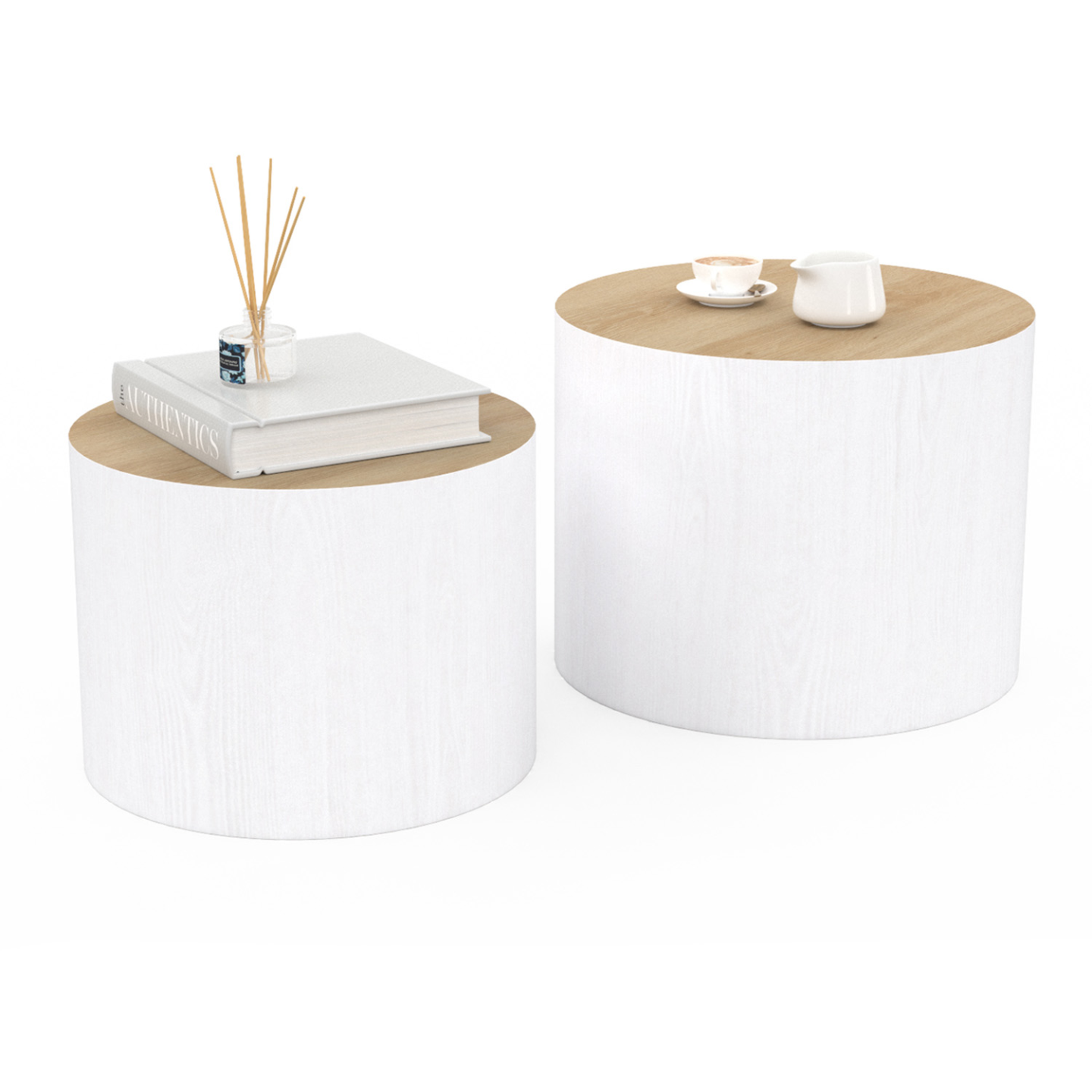 Lot de 2 tables basses cylindres gigognes GALIA bois et blanc - Image 2