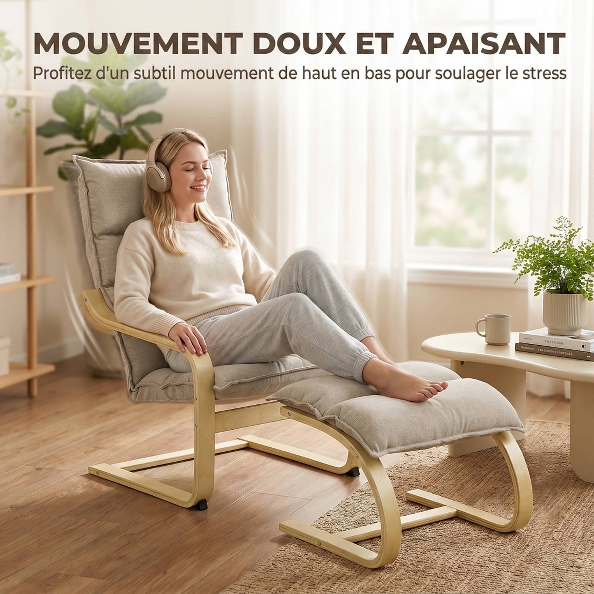 Sans Marque - Fauteuil de Salon avec Repose-Pied, Fauteuil d'Appoint en Lin, Assise Large, Dossier Haut, Bascule Douce, Beige - Image 6