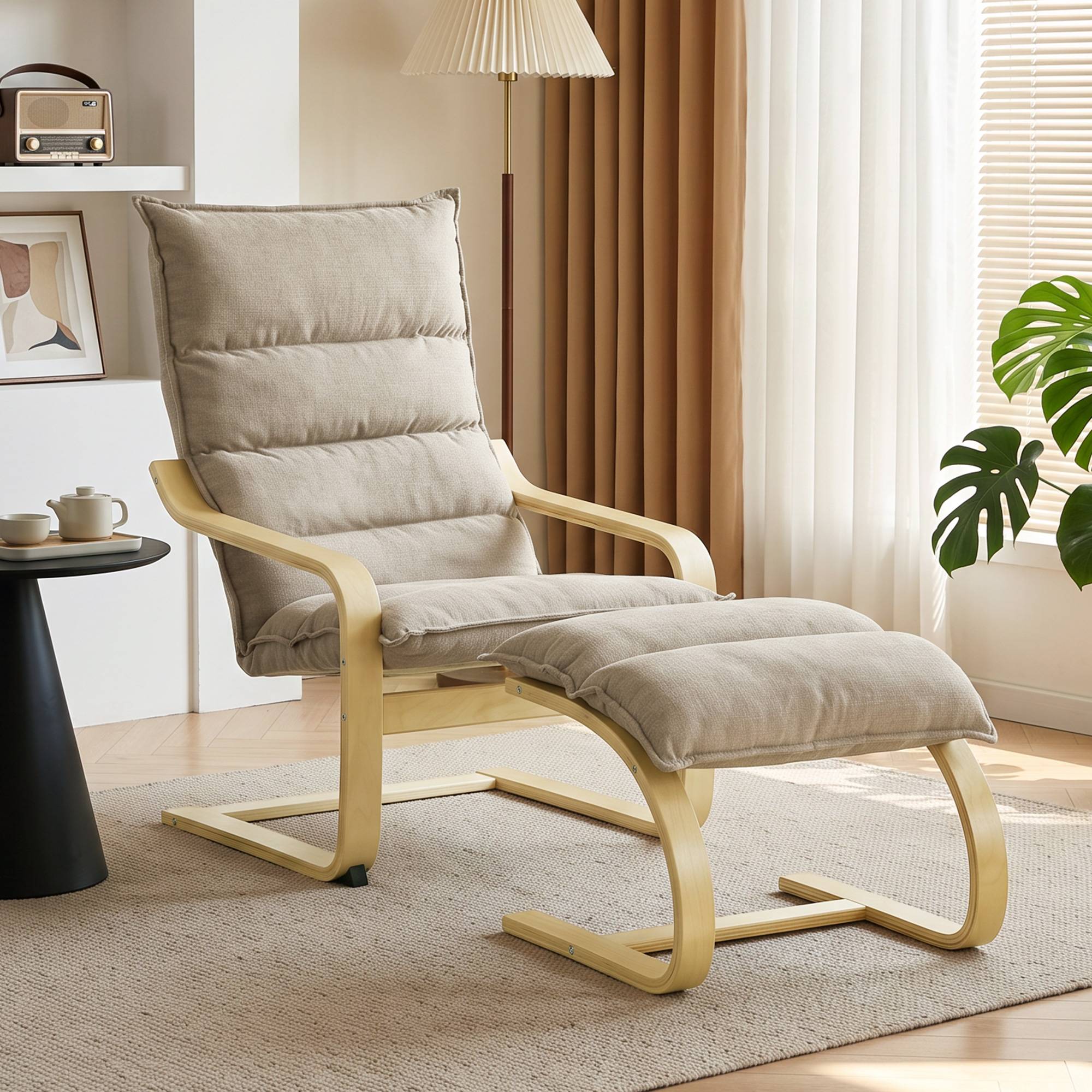 Sans Marque - Fauteuil de Salon avec Repose-Pied, Fauteuil d'Appoint en Lin, Assise Large, Dossier Haut, Bascule Douce, Beige - Image 3