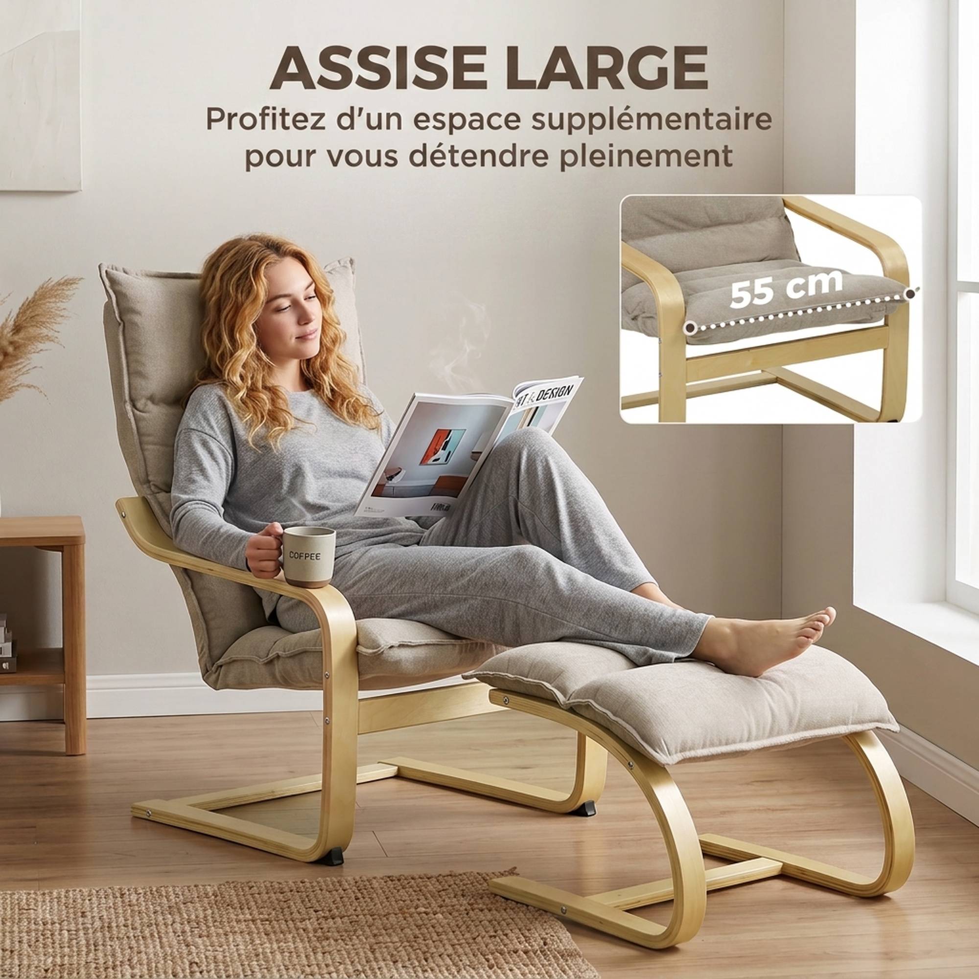 Sans Marque - Fauteuil de Salon avec Repose-Pied, Fauteuil d'Appoint en Lin, Assise Large, Dossier Haut, Bascule Douce, Beige - Image 7