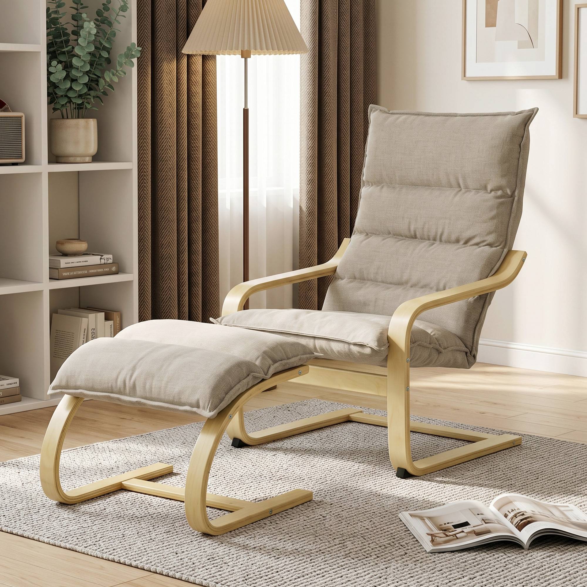 Sans Marque - Fauteuil de Salon avec Repose-Pied, Fauteuil d'Appoint en Lin, Assise Large, Dossier Haut, Bascule Douce, Beige - Image 4