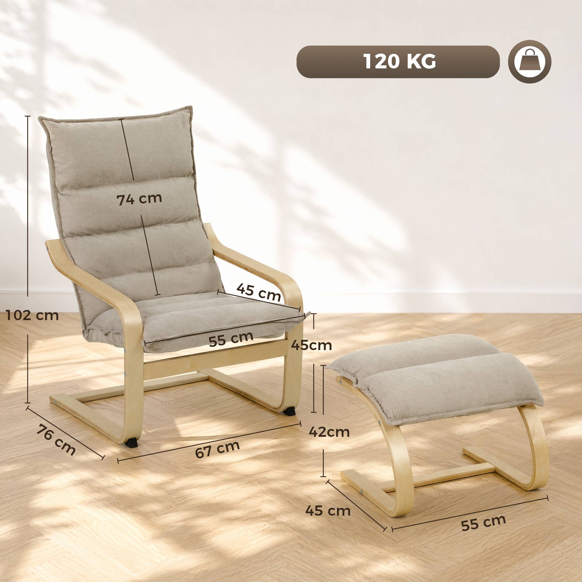 Sans Marque - Fauteuil de Salon avec Repose-Pied, Fauteuil d'Appoint en Lin, Assise Large, Dossier Haut, Bascule Douce, Beige - Image 5