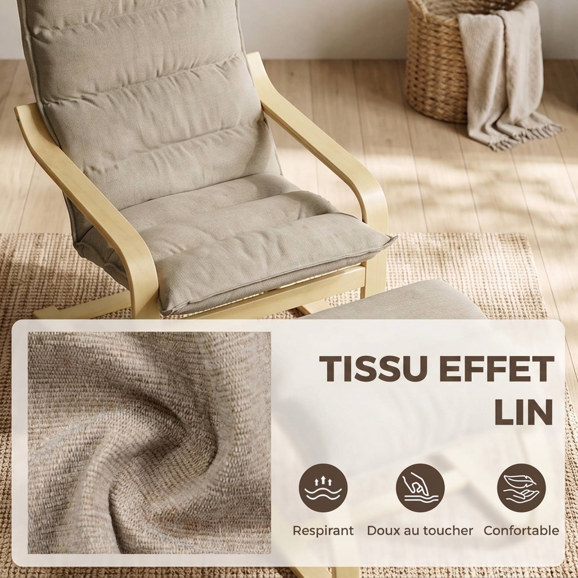 Sans Marque - Fauteuil de Salon avec Repose-Pied, Fauteuil d'Appoint en Lin, Assise Large, Dossier Haut, Bascule Douce, Beige - Image 9